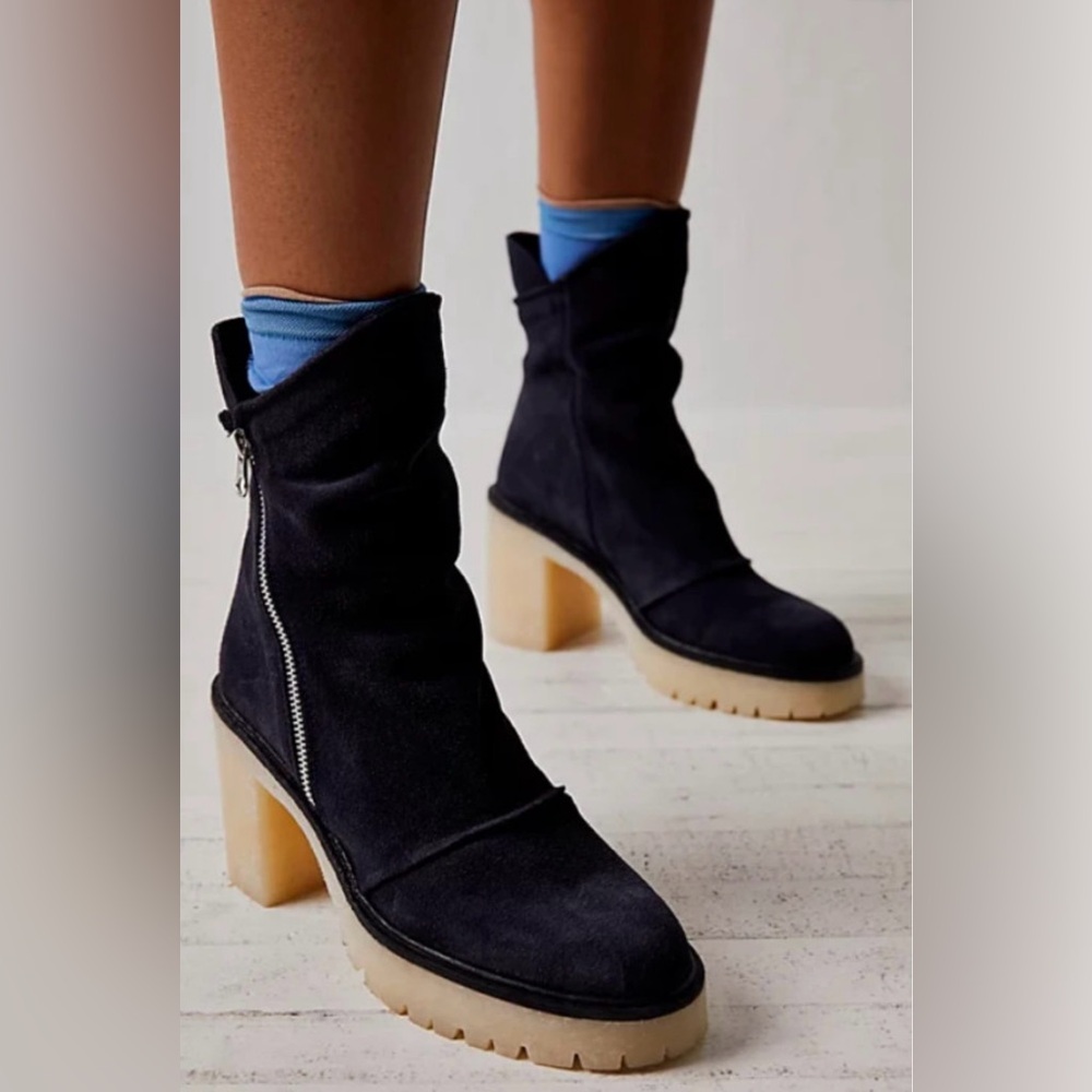 New! Free People Jack Zip Slouchy Ankle Boots Chunky Heel Black size 40